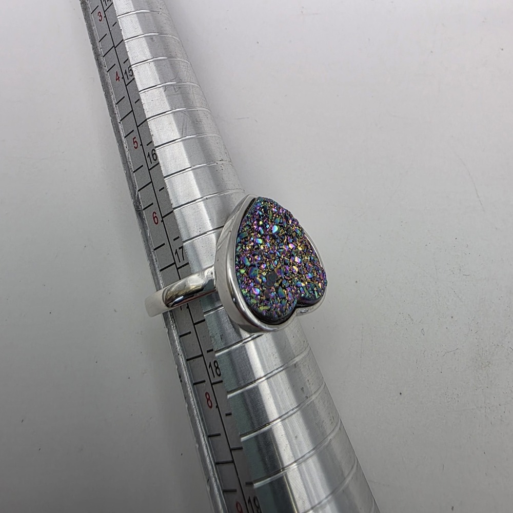Rainbow Drusy Agate Heart Sterling Silver TGGC Vintage Ring Sz 7 Brazil Boho 925 - Picture 11 of 16